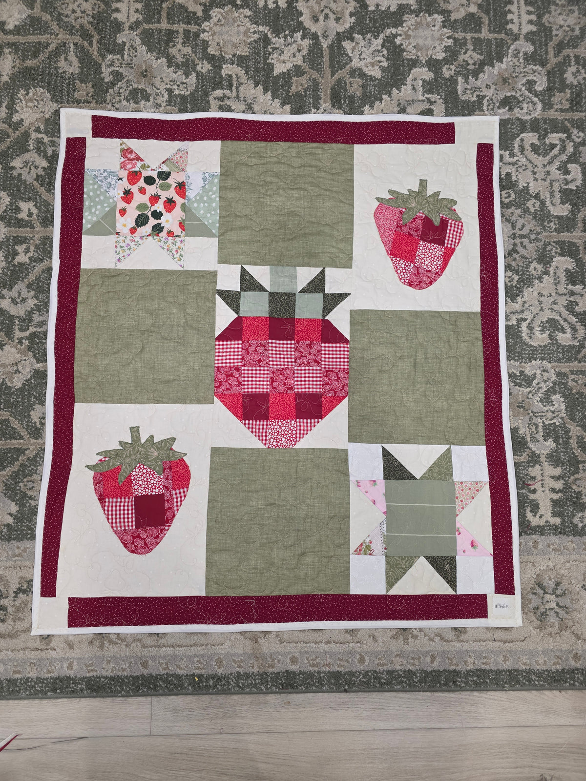 Patchwork Quilt: Strawberry Baby Quilt (37"x32")Heirloom Quilt