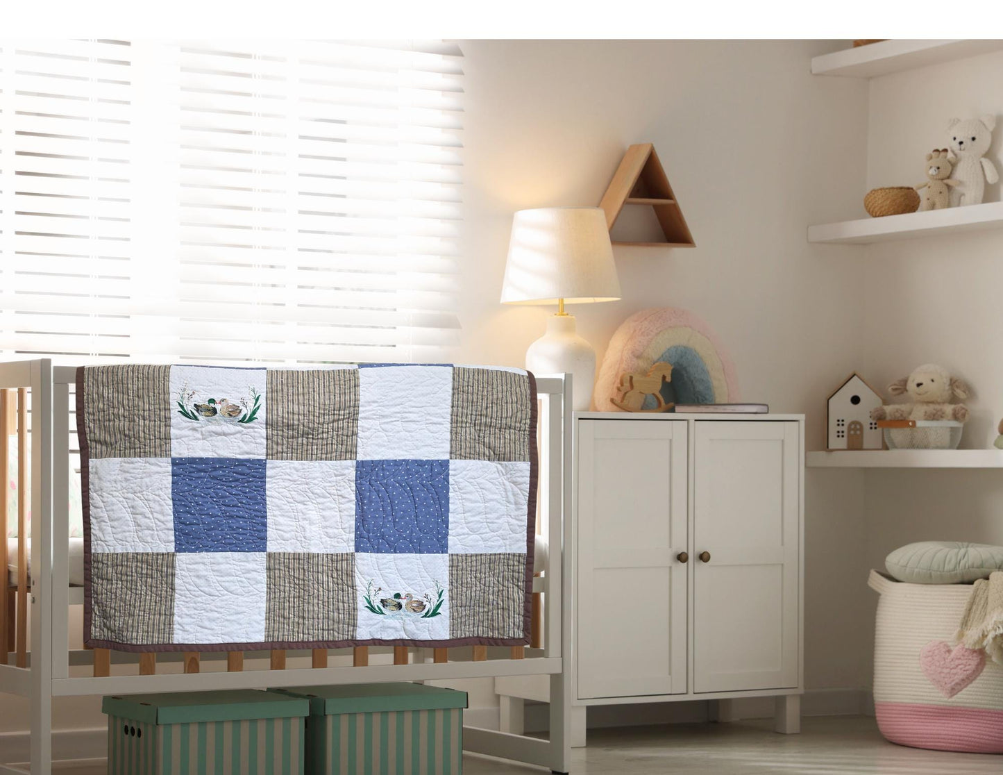 Patchwork Quilt: Embroidered Ducks Baby Quilt (35"x35")Heirloom Quilt