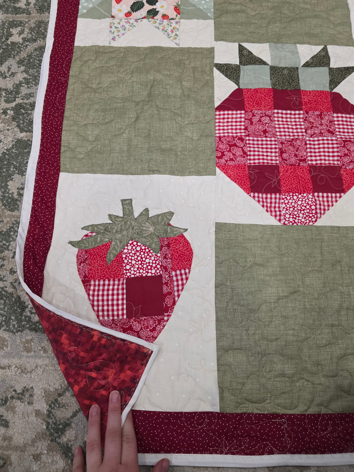 Patchwork Quilt: Strawberry Baby Quilt (37"x32")Heirloom Quilt
